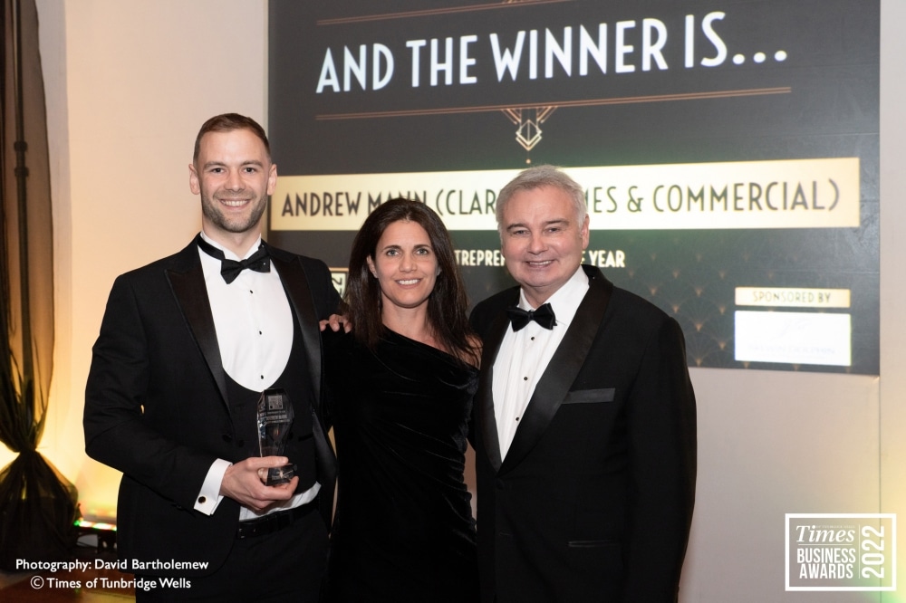Andrew Mann (Clarity Homes & Commercial), Award sponsor Louise Shaw (Brewin Dolphin) & Eamonn Holmes
