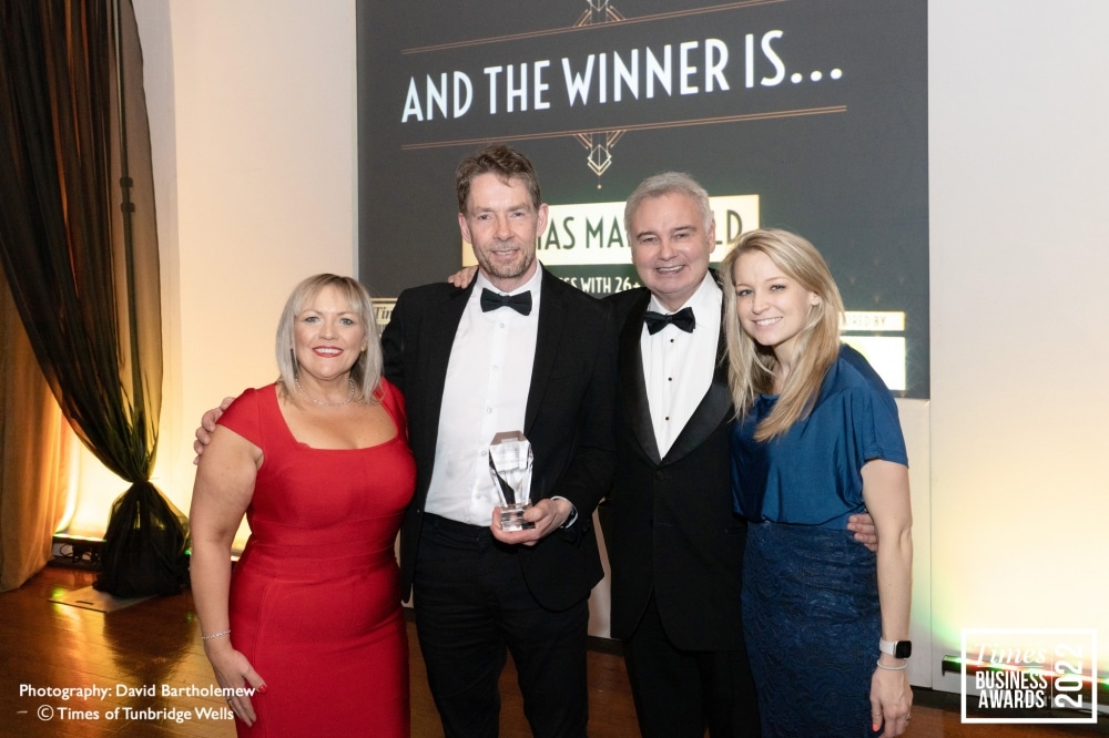 Thomas Mansfield: Neill Thomas & Emma Howlett, Award sponsor Gillian Palmer (The Finance Hub) & Eamonn Holmes