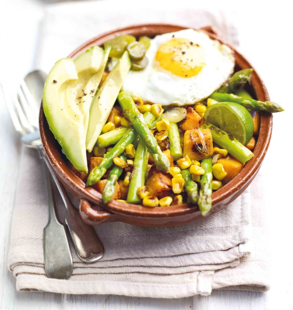  British Asparagus and Sweet Potato Hash with Avocado and Egg