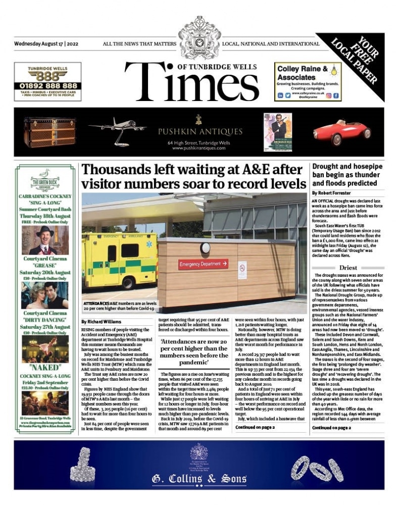 Times of Tunbridge Wells 17th August 2022 Front Page