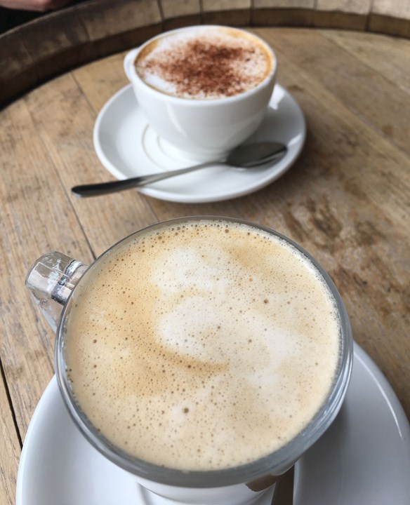 small cappuccino and a small chai latte with almond milk
