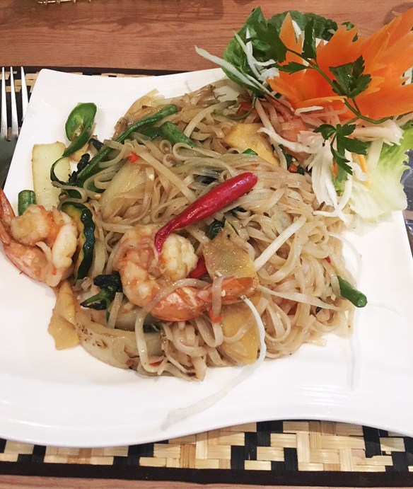 Drunken man noodles - spicy rice noodles with chilli, spring onion and sweet basil, with added prawns