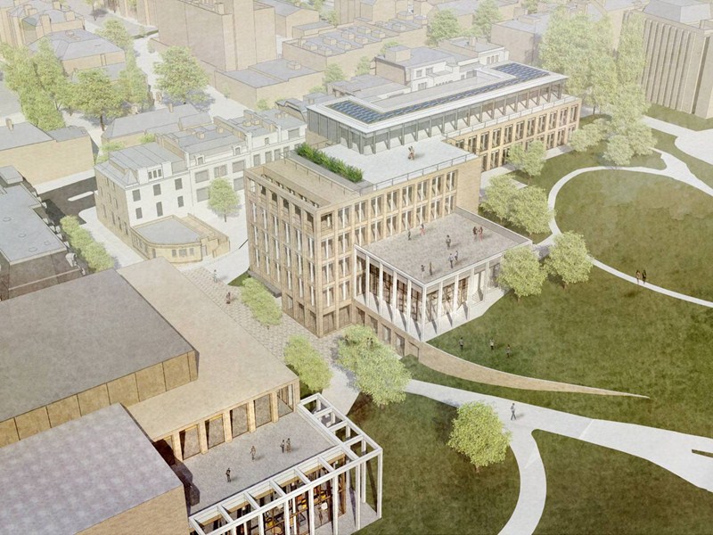 A bird's eye view of the planned theatre (left) and civic complex (right)