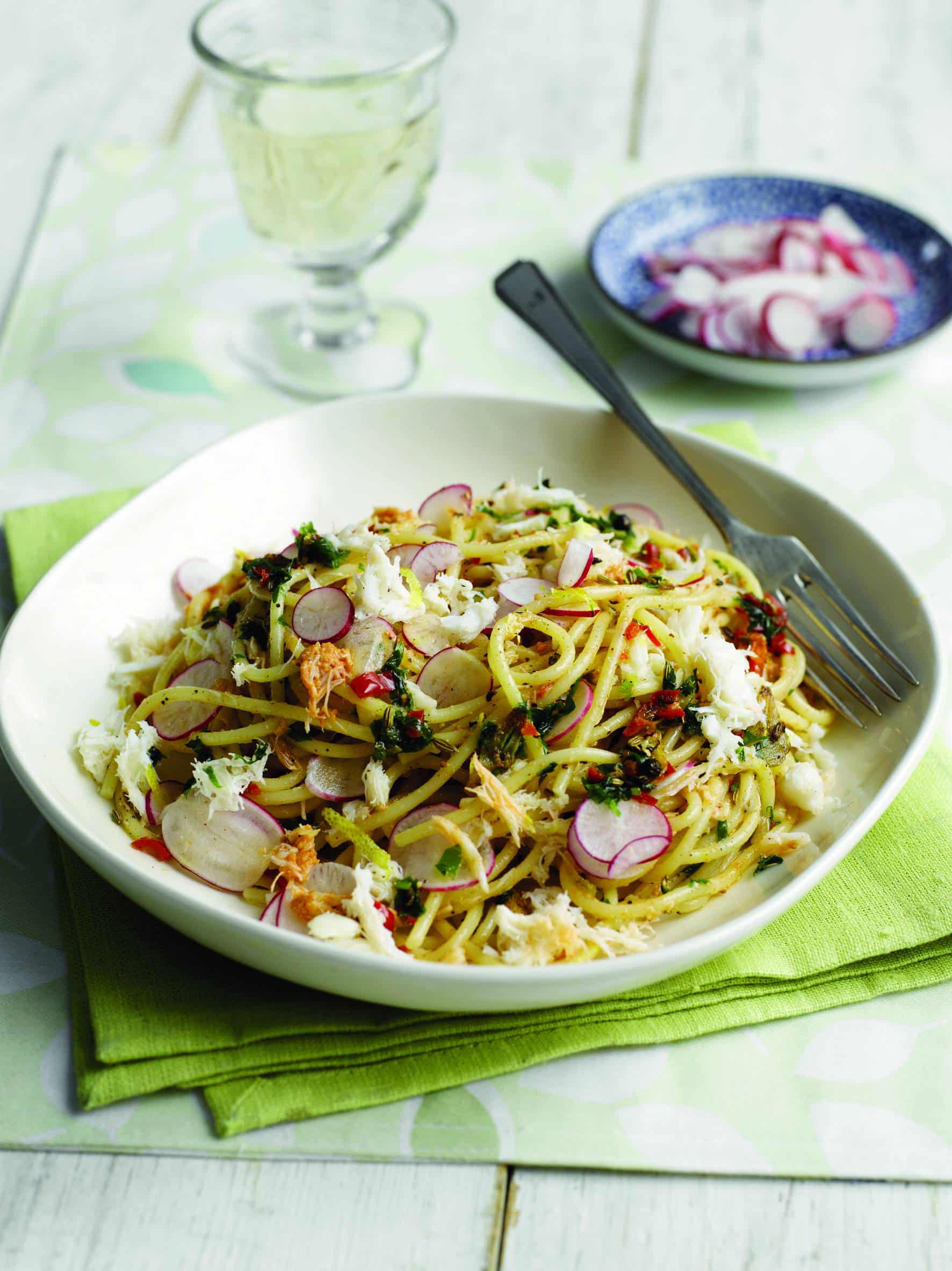 spaghetti with crab, lemon, chilli, parsley and radish shavings